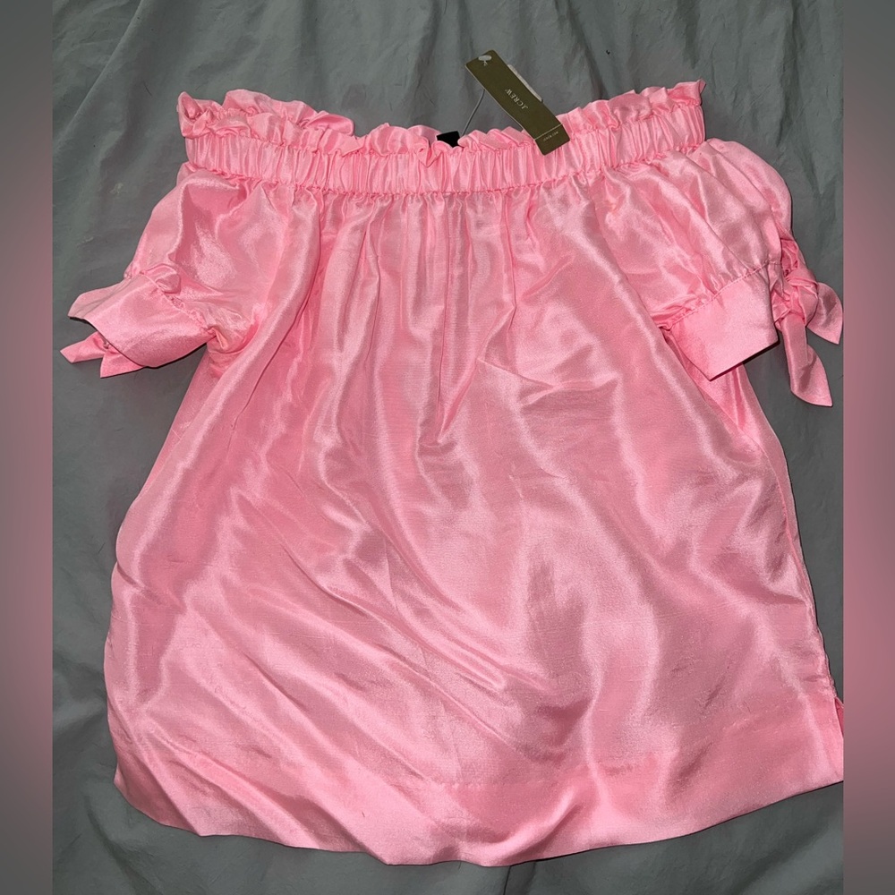 NWT J. Crew Silk Shaunting Pink Ruffle Off the Shoulder Bow Top 0 $88